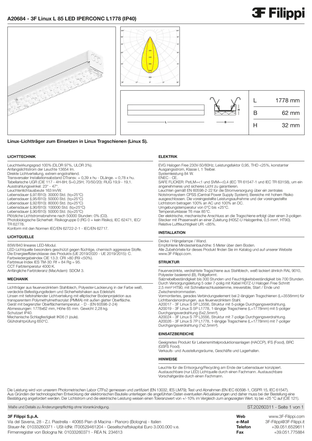 A20684 - 3F Linux L 85 LED IPERCONC L1778 (IP40) - Datasheet - de