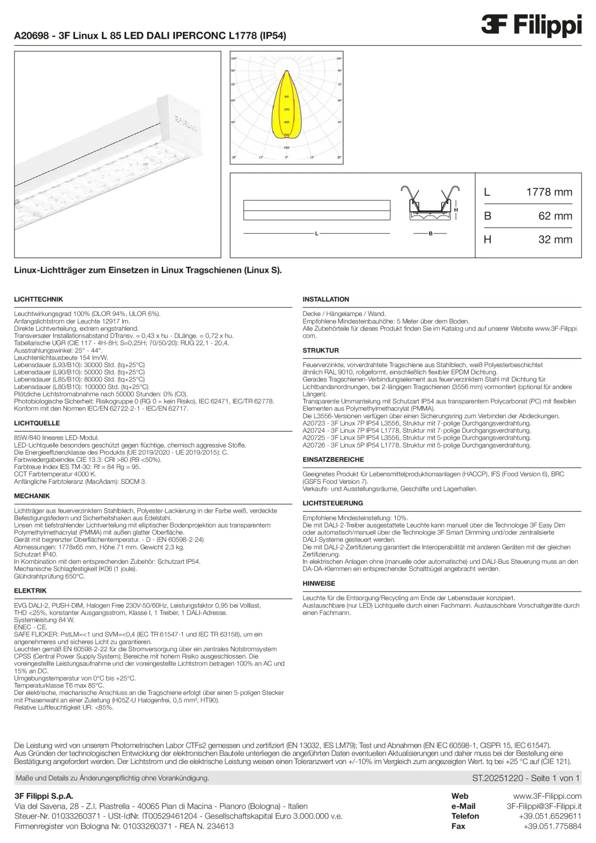 A20698 - 3F Linux L 85 LED DALI IPERCONC L1778 (IP54) - Datasheet - de