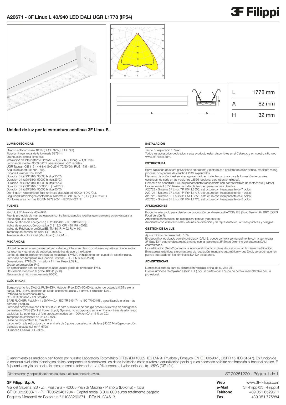 A20671 - 3F Linux L 40-940 LED DALI UGR L1778 (IP54) - Datasheet - es