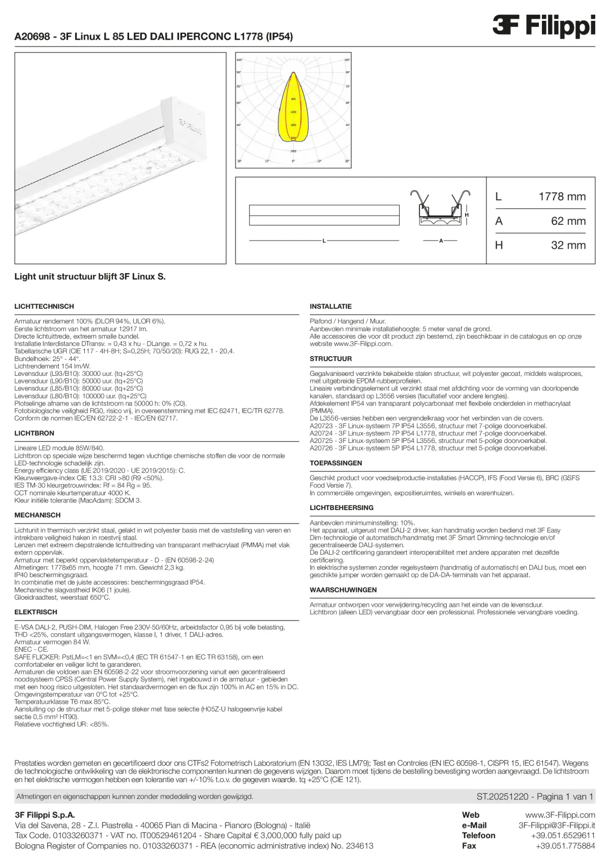 A20698 - 3F Linux L 85 LED DALI IPERCONC L1778 (IP54) - Datasheet - nl