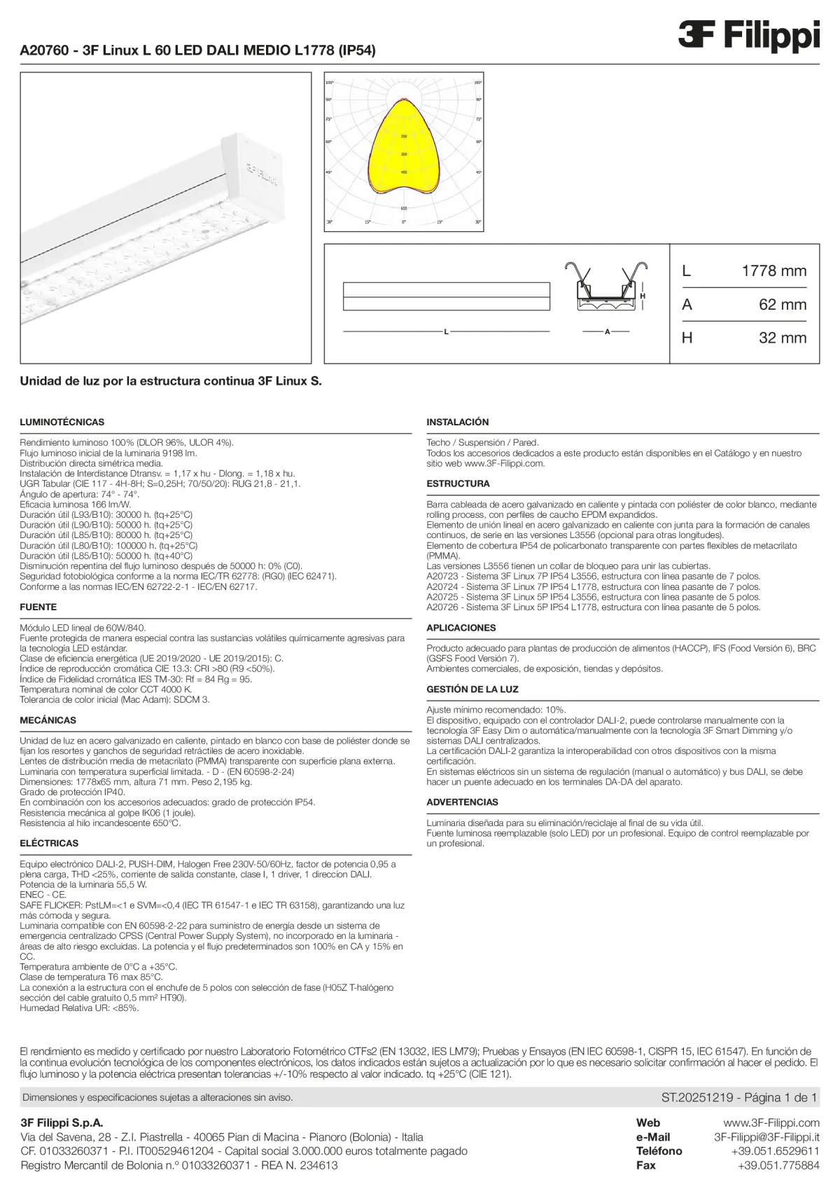 A20760 - 3F Linux L 60 LED DALI MEDIO L1778 (IP54) - Datasheet - es