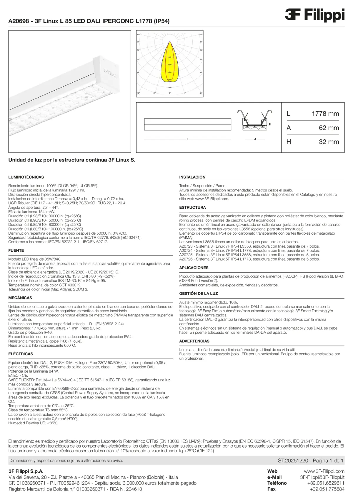 A20698 - 3F Linux L 85 LED DALI IPERCONC L1778 (IP54) - Datasheet - es