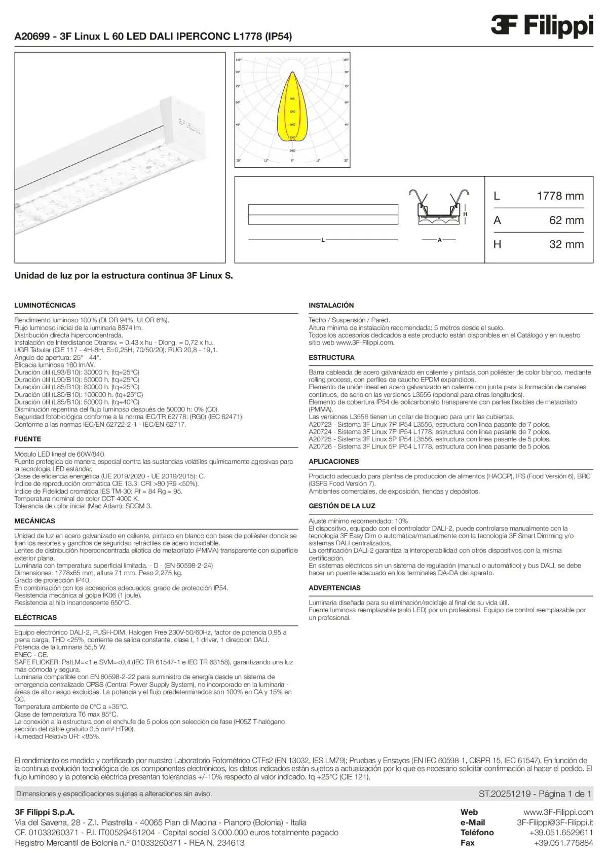 A20699 - 3F Linux L 60 LED DALI IPERCONC L1778 (IP54) - Datasheet - es