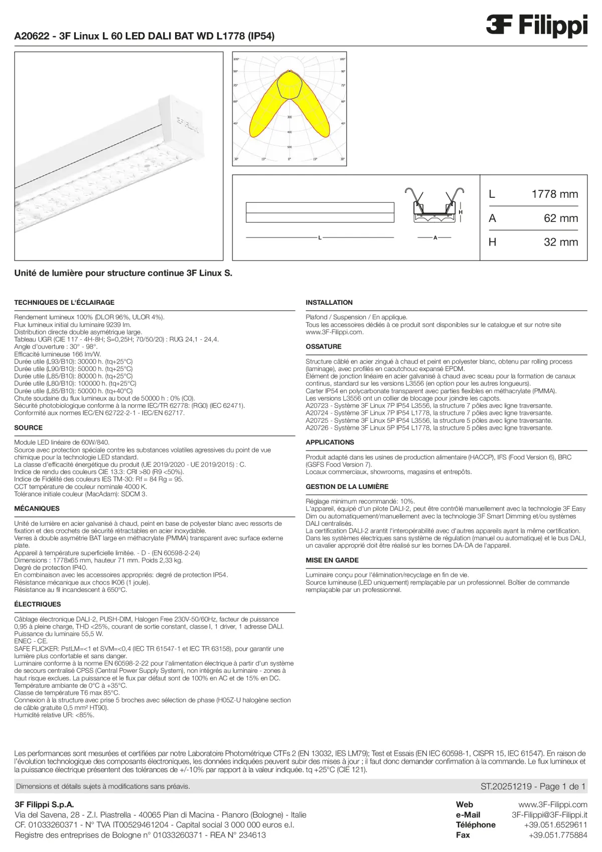 A20622 - 3F Linux L 60 LED DALI BAT WD L1778 (IP54) - Datasheet - fr