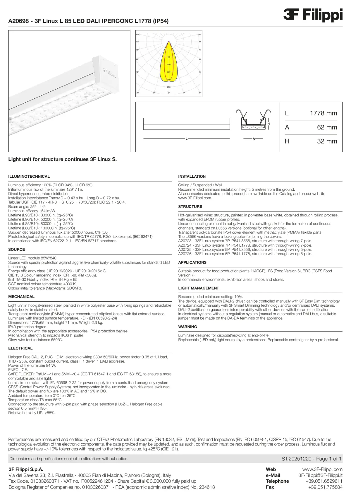 A20698 - 3F Linux L 85 LED DALI IPERCONC L1778 (IP54) - Datasheet - en