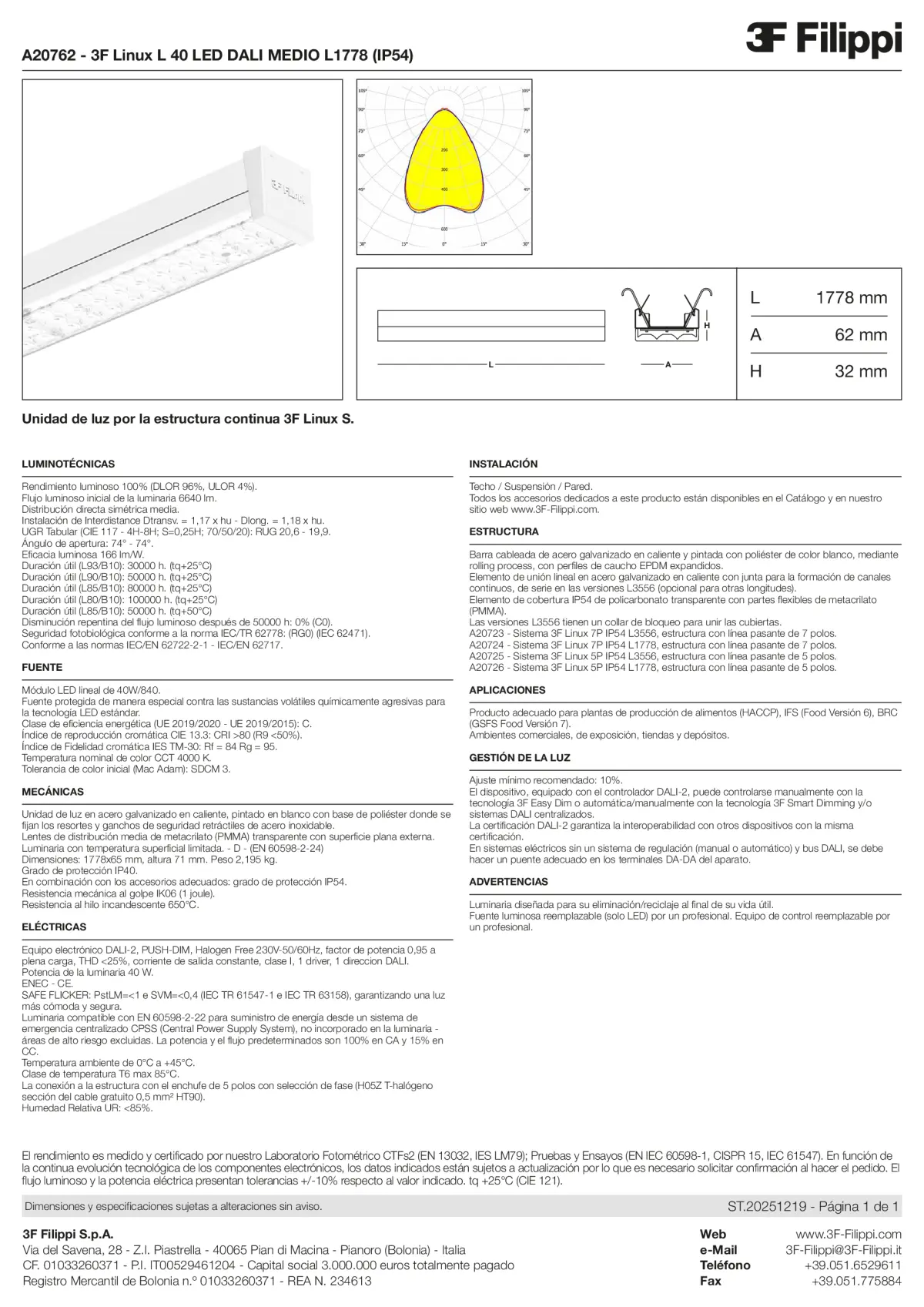 A20762 - 3F Linux L 40 LED DALI MEDIO L1778 (IP54) - Datasheet - es