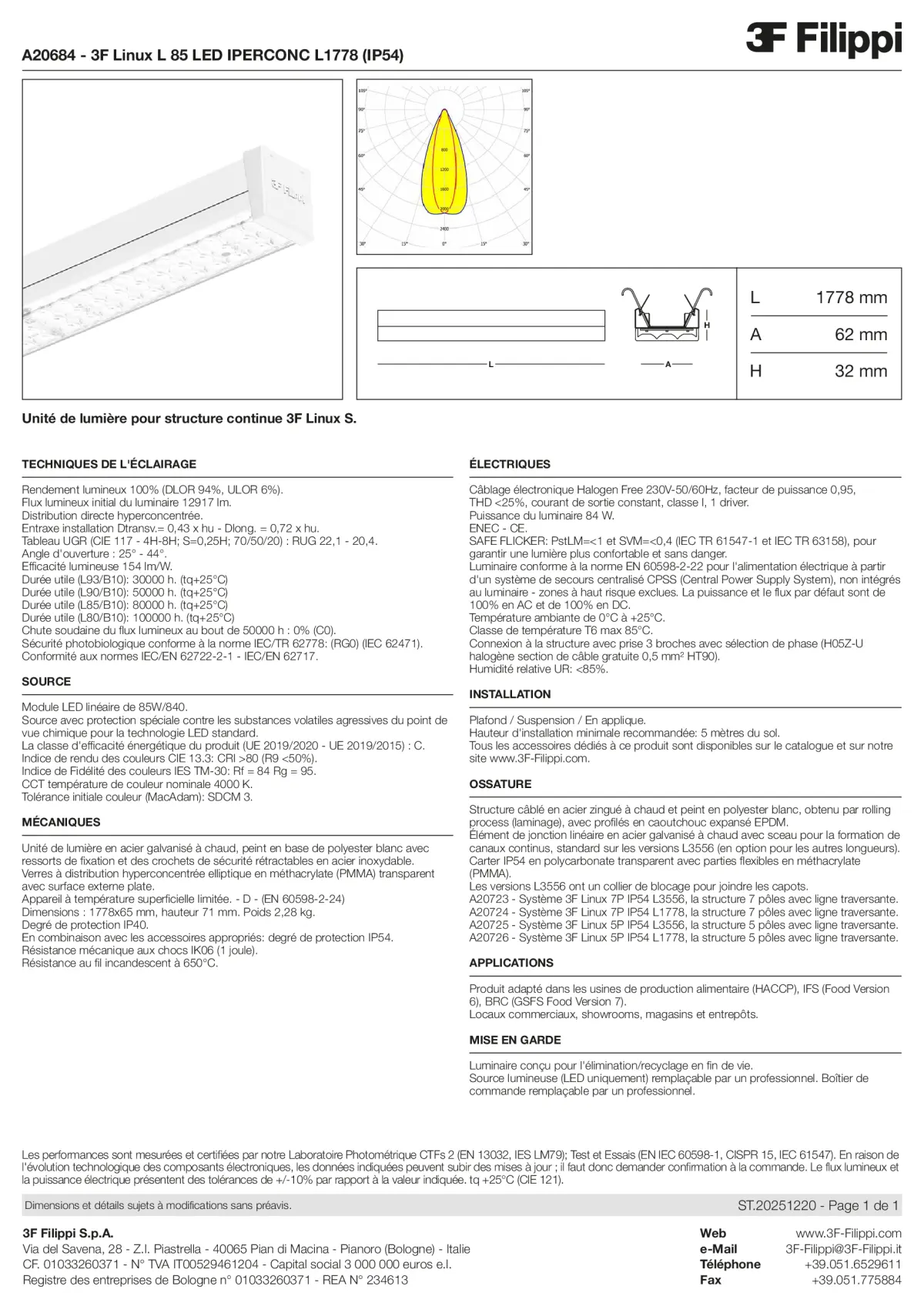 A20684 - 3F Linux L 85 LED IPERCONC L1778 (IP54) - Datasheet - fr